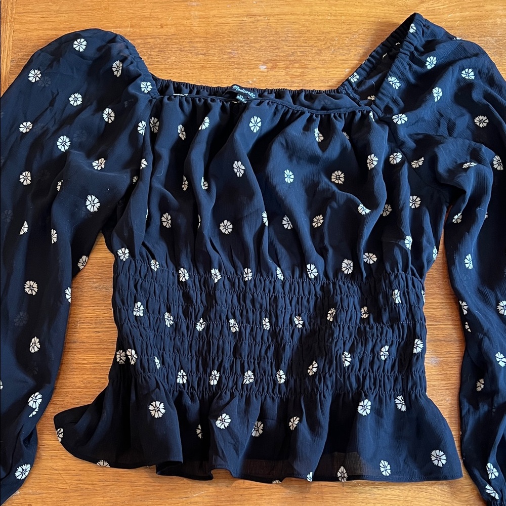 Madewell Black Floral Smocked Blouse